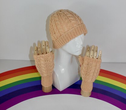 Adult Teen Aran Double cable Beanie Hat & Fingerless Gloves Circular