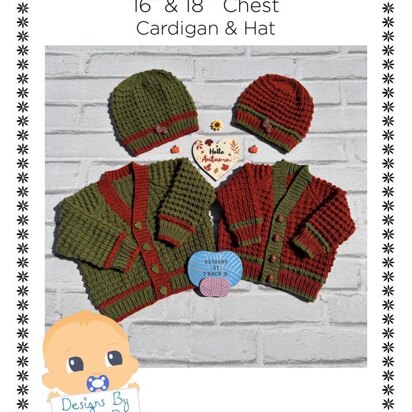 Autumn cardigan and hat baby knitting pattern 16 inch & 18 inch chest sizes