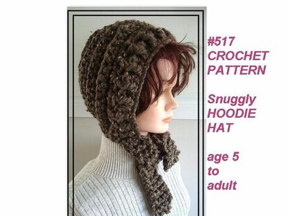 517, SNUGGLY  crochet WOOLY HOOD HAT, age 5 to adult