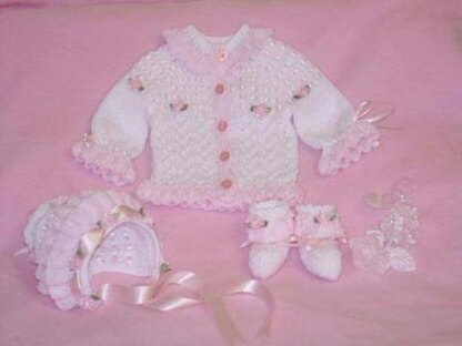 Frilly Edged Cardi, booties and bonnet ref:11