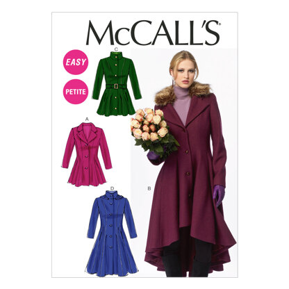 McCall's Misses'/Miss Petite Lined Coats, Belt and Detachable Collar and Hood M6800 - Sewing Pattern