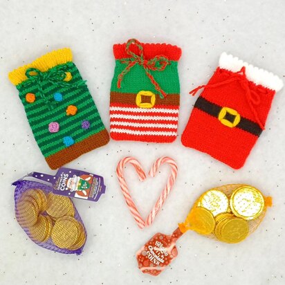 PDF Christmas DK Knitting Pattern Decoration Chocolate Coin Bags Gift Charity knit EASY Christmas Eve Box Pouch Santa Elf Christmas Tree