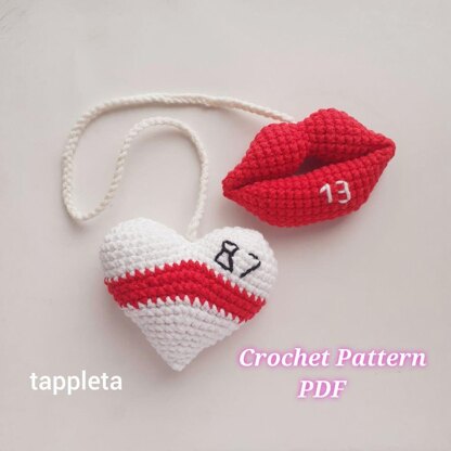 Heart 87 and Red lips 13 charm crochet pattern, Rear view mirror car charm for swiftie, Taylor and Travis love