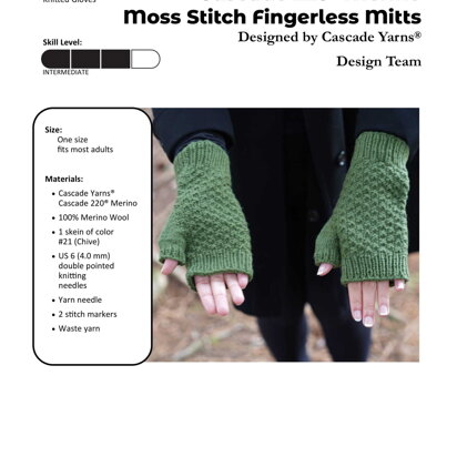 Cascade 220 Merino Moss Stitch Fingerless Mitts in Cascade Yarns - W789 - Downloadable PDF - knitting pattern