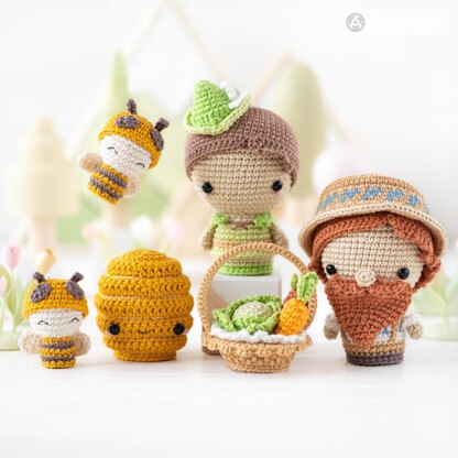 6-in-1 bee farm crochet pattern amigurumi by AradiyaToys mini kingdom beekeeper beehive basket of vegetables DIY handmade tutorial PDF file by AradiyaToys (Olka Novytska)
