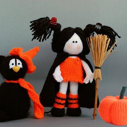 Halloween knitting patterns Sale : Black Cat in the orange Hat, Young Witch and Pumpkin - (knitted round)