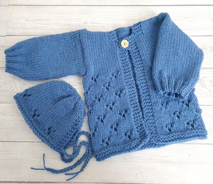 Eyelet Baby Cardigan and Bonnet Set 0-6 months