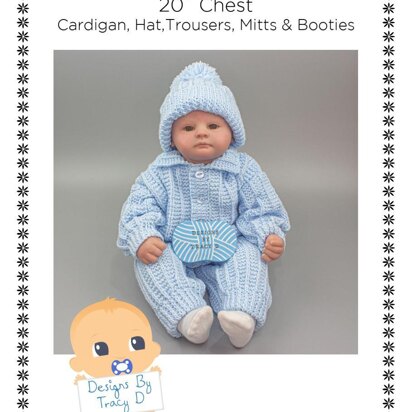 Izaiah unisex baby pram set 20" chest cardigan, hat, trousers, mitts & booties