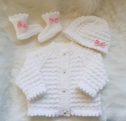 Caitlin Baby Cardigan, Hat & Booties knitting pattern 0-3 & 6-12mths