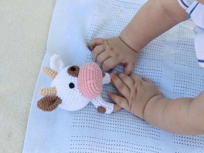 Cow crochet pattern Baby rattle toy Amigurumi farm animal Teether ring