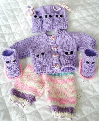 Knitting Pattern for 10&15 inch tall Dolls Owl motif cardigan, leggings,Hat and Boots