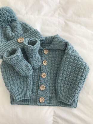 Noah baby cardigan, hat and booties knitting pattern 3 sizes 0-12mths ...