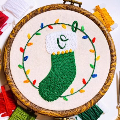 Custom Monogram Green Holiday Stocking Ornament - Christmas Embroidery Pattern