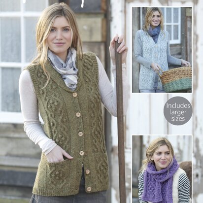 Scarf and Shawl Collared Waistcoats in Hayfield Bonus Aran Tweed with Wool - 7797- Downloadable PDF