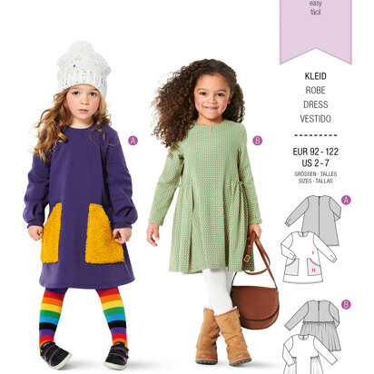 Burda Style Children's Dress, Pull-On with Partially Pleated Skirt or Feature Pockets B9310 - Paper Pattern, Size 2-7