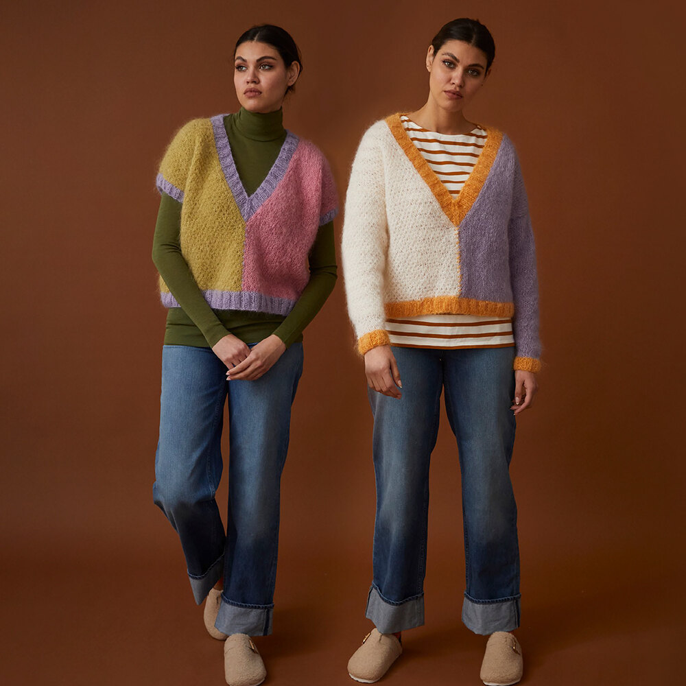 Colour Block Jumper and Vest Top - Knitting Pattern for Women in