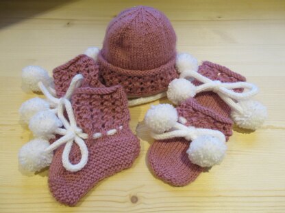 Baby Winter Lacy Top Beanie, Bootee, Mitten Set