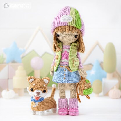 Doll Crochet Pattern Amigurumi for Friendy April with Timmy the Corgi from "AradiyaToys Friendies" collection tutorial PDF file modern dolls by AradiyaToys (Olka Novytska)