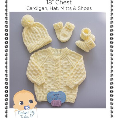 Alex Baby Cardigan Hats, Booties & Mitts knitting pattern 18 inch chest size