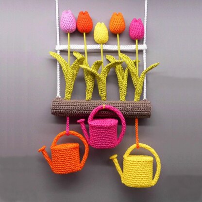 Tulips & watering cans hanging decoration - simple from scraps of yarn