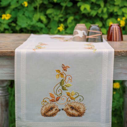 Vervaco Hedgehogs And Autumn Leaves Table Runner Printed Embroidery Kit - 40 x 100 cm