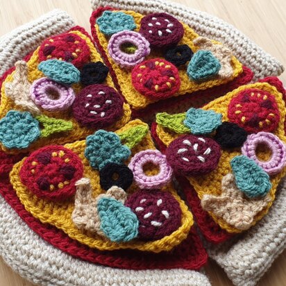 Pizza Set Tomato Sauce Cheese Slice Salami Broccoli Mushroom Olive Onion Crochet Amigurumi Food Stand Play Montessori