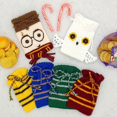 Harry Potter PDF Wizard knitting pattern Chocolate Coin Bag EASY Snowy Owl House Colours Jewellery Potion Pouch