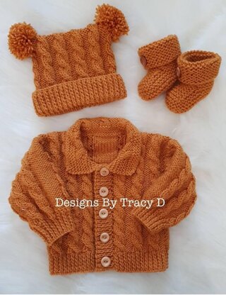 Brooklyn baby knitting pattern cardigan, hats and booties 0-3 mths & 6-12m