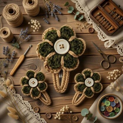 Crochet Beige Flower Hair Clip Pdf + Video Tutorials.