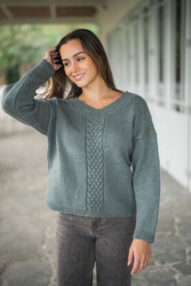 2305 Cable Front V Neck Sweater