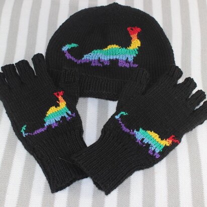 Rainbow Dinosaur Beanie and Short Finger Gloves