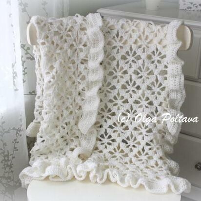 White Spider Lace Baby Blanket With Ruffled Trim