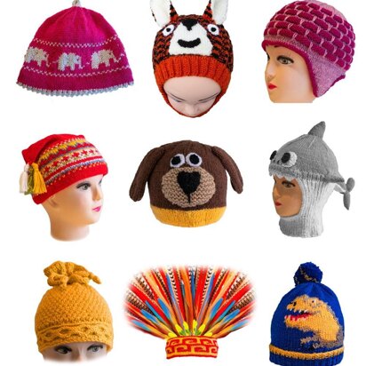 Cute hats to knit 4 - elephant, tiger, dog, dinosaur, shark, Nordic