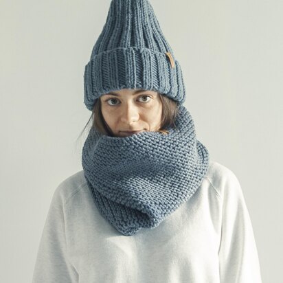 Ribbed Hat and Cowl Scarf - 2x2 High Top Beanie and Snood + Video - knitting pattern
