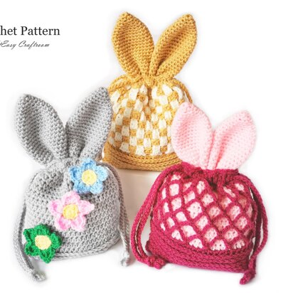 Easter bunny bag with ears Crochet pouch Easter gift Mesh bag Woven bag Easter egg hunt project