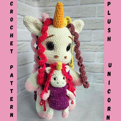 3 Crochet patterns plush unicorn with a baby in a kangaroo jumpsuit