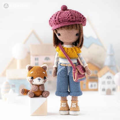 Crochet doll pattern amigurumi Kimberly doll with red panda Roxy by AradiyaToys beret tutorial PDF file handmade DIY dolls crochet patterns by AradiyaToys (Olka Novytska)
