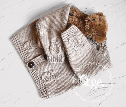 Round neck raglan sleeve cardi with cabled owls - P079
