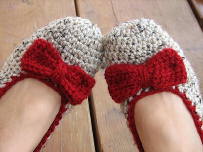 Crochet Slippers with Red Bow