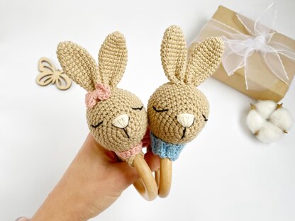 Crochet bunny pattern baby rattle toy Amigurumi rabbit teether