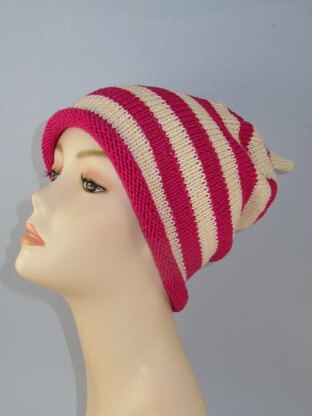 Simple Stripe Roll Brim Topknot Slouch Hat