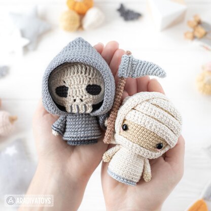 Halloween Minis set 3 from “AradiyaToys Minis” collection / crochet patterns (Amigurumi tutorial PDF file) witch scarecrow grim reaper crochet pattern amigurumi black cat mummy tutorial halloween crochet pattern by AradiyaToys (Olka Novytska)