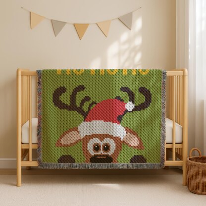 Reindeer Christmas Blanket Ho-Ho-Ho Cute Green Throw C2C CROCHET PATTERN