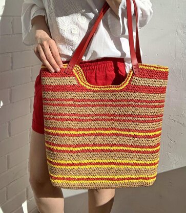 Crochet Raffia Beach Bag Pattern, Striped Tote with Leather Handles