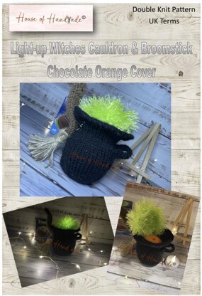 Light-up Witches Cauldron & Broomstick Chocolate Orange Cover Knitting Pattern