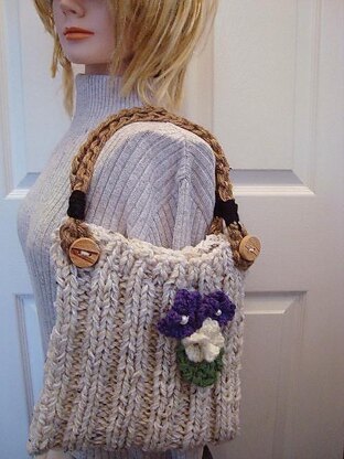 689P - Knitted Purse Handbag, Handles, Flower, and Leaf