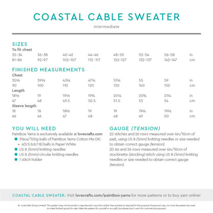 Coastal Cable Sweater - Free Jumper Knitting Pattern for Women in Paintbox Yarns Cotton Mix DK by Paintbox Yarns