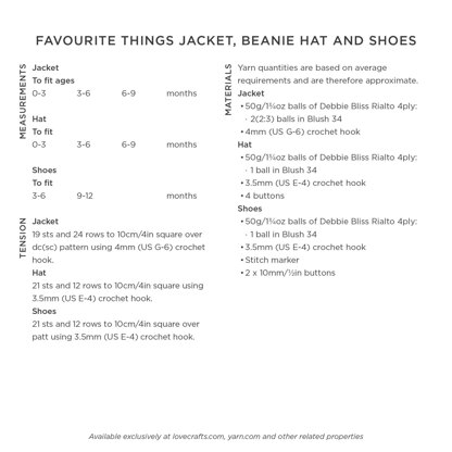 Favourite Things Jacket, Beanie Hat and Shoes Set - Crochet Pattern for Babies in Debbie Bliss Rialto 4ply