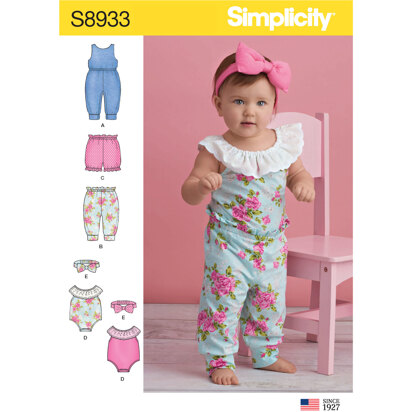 Simplicity S8933 BabiesKnit Rompers, Pants, Shorts and Headband - Paper Pattern, Size XXS-XS-S-M-L