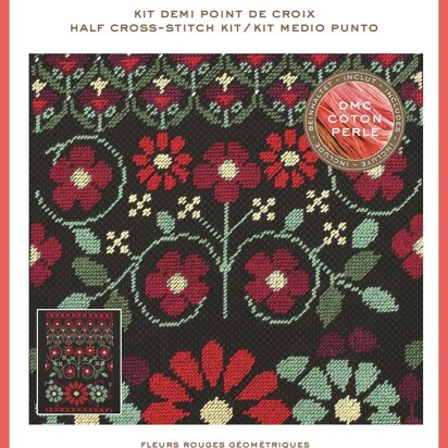 DMC Red Geo Flowers (Coton Perlé half cross stitch) Cross Stitch Kit -  30cm x 20cm